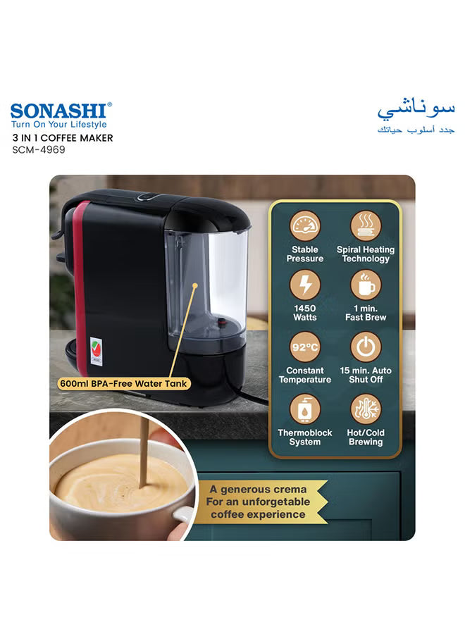 3-in-1 Espresso Coffee Machine – 1450W, 600ml Tank, Auto Shut-Off